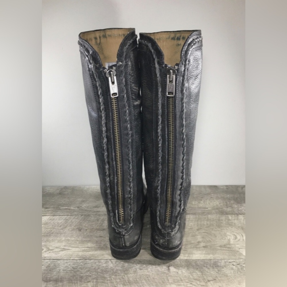 Frye 76210 Gray Leather Knee-High Riding Women’s Back Zip Braided Boots Size 8.5 - Picture 6 of 10